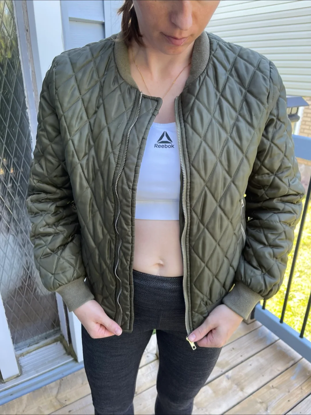 Quilted Bomber Jacket - Olive Green thumbnail