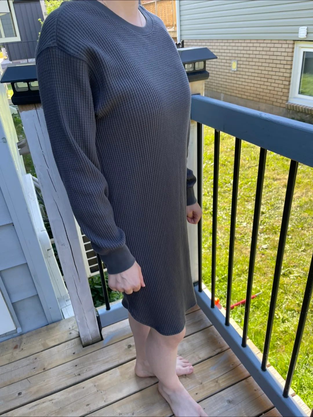 Waffle Knit Long Sleeve Dress - Grey thumbnail