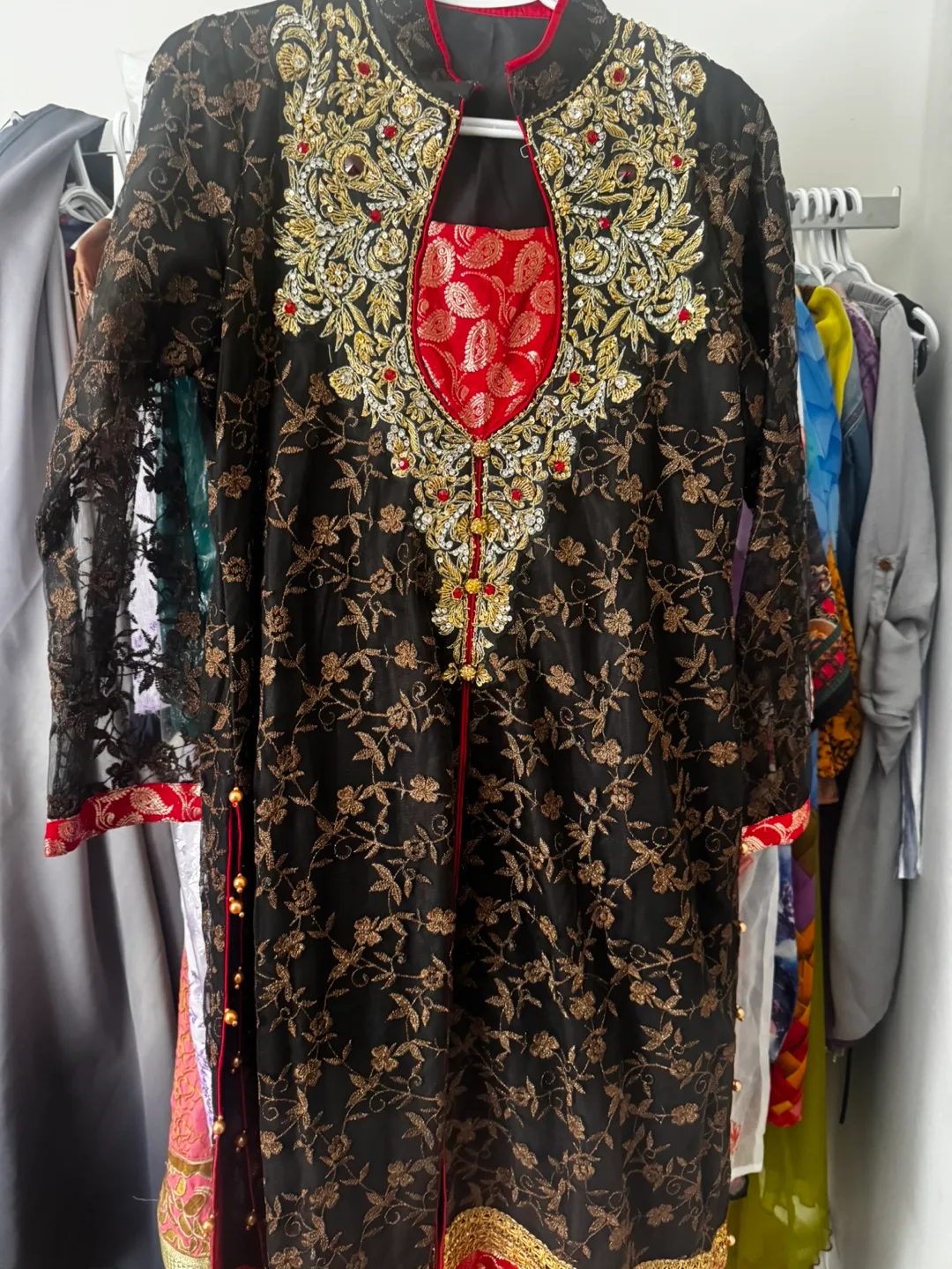Embroidered Black & Gold dress 3 piece thumbnail