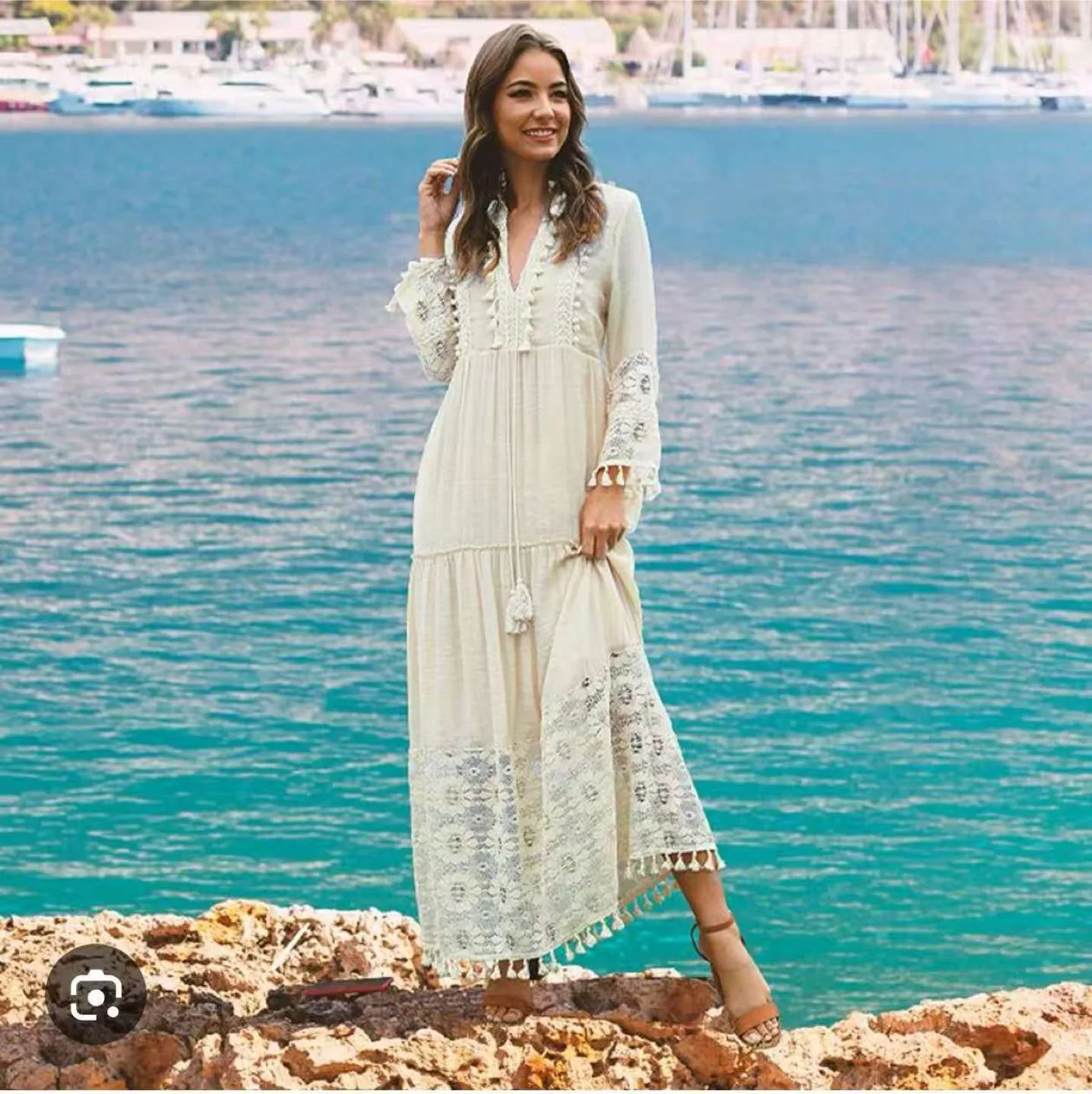 Boho Style Cream Maxi Dress image indicator(3)