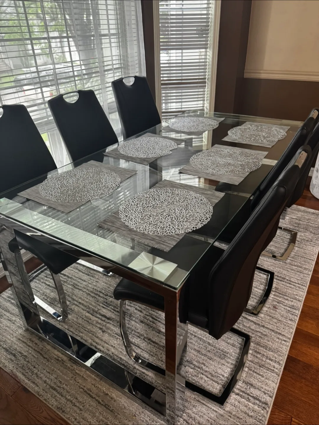 Glass Dining Table with 6 Black Chairs thumbnail