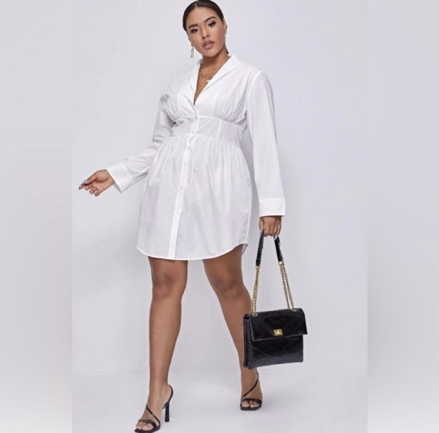 Plus size belted waist Button-front mini shift dress - photo 2