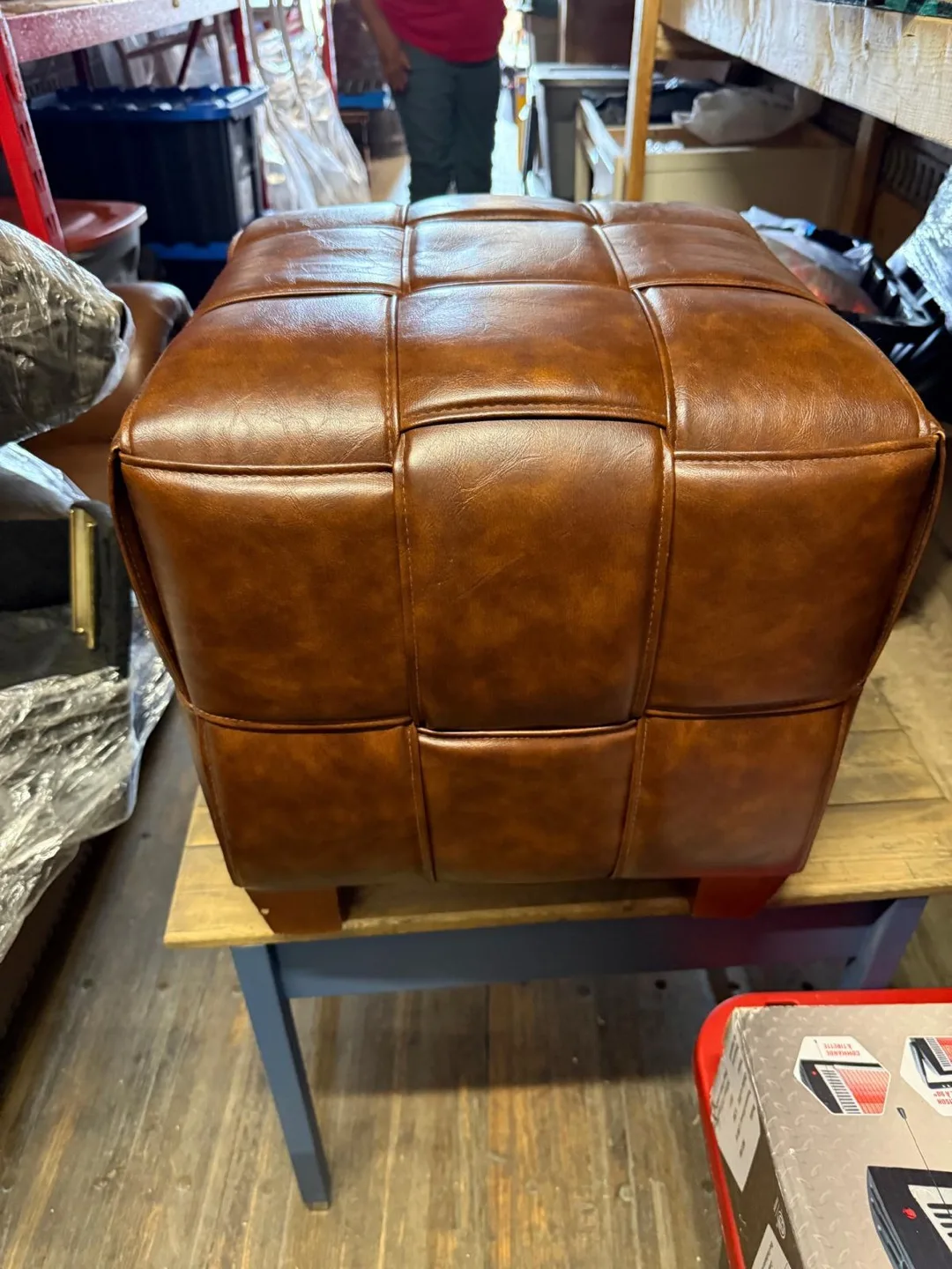 Brown Woven Faux Leather Ottoman thumbnail