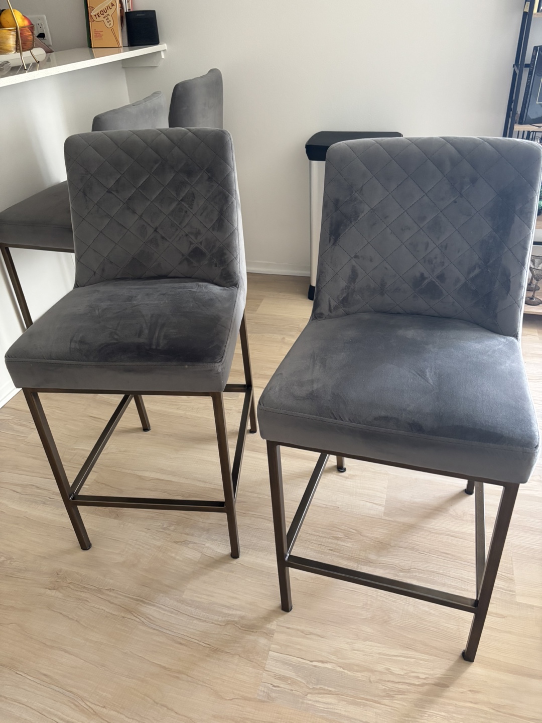 Gray Velvet Quilted Bar Stools - Set of 4