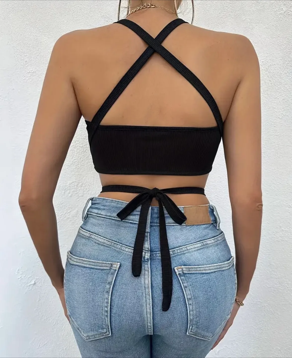 Black Ribbed Crop Top with Wrap Tie image indicator(2)