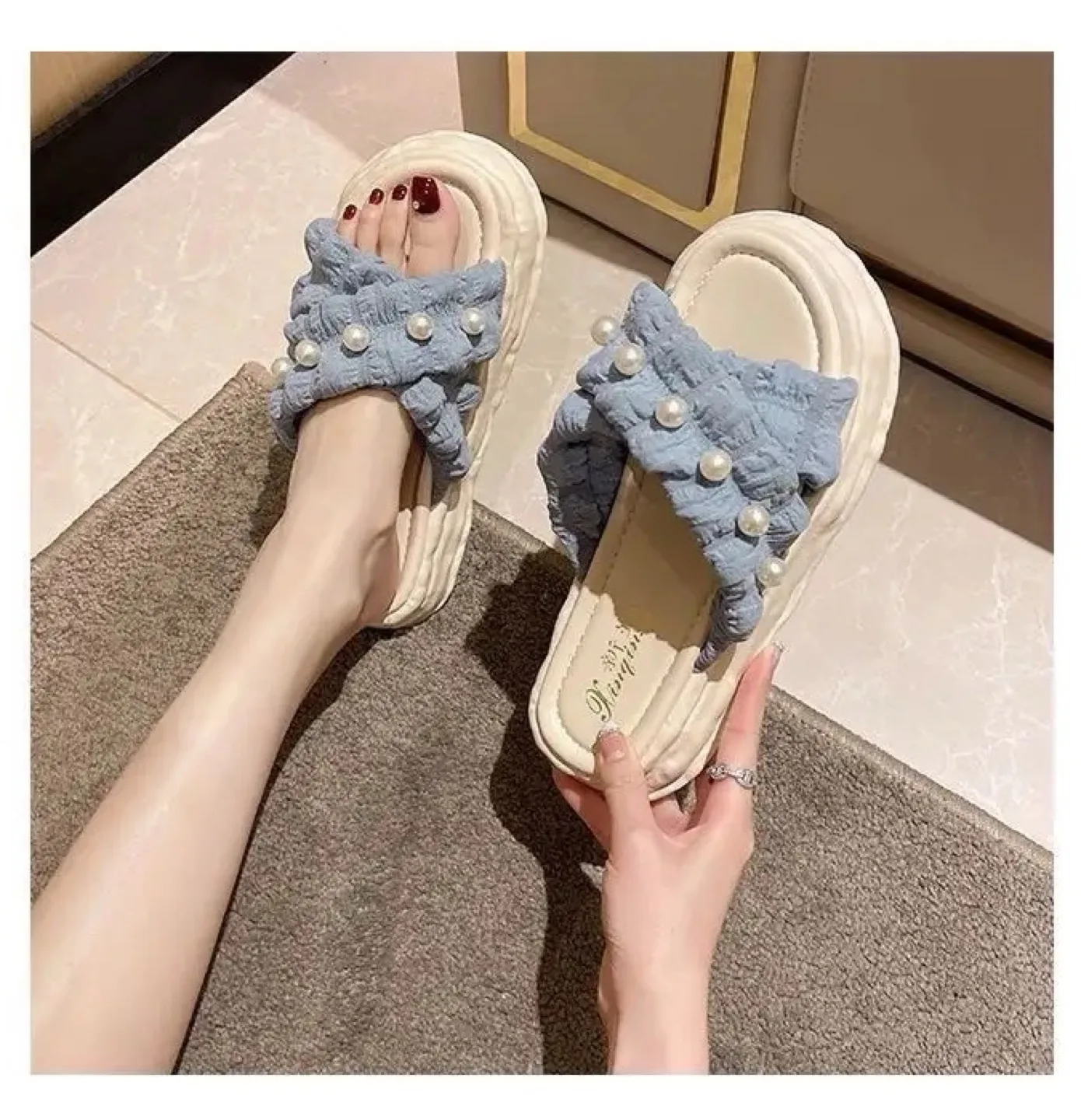 Blue Pearl Embellished Platform Sandals thumbnail