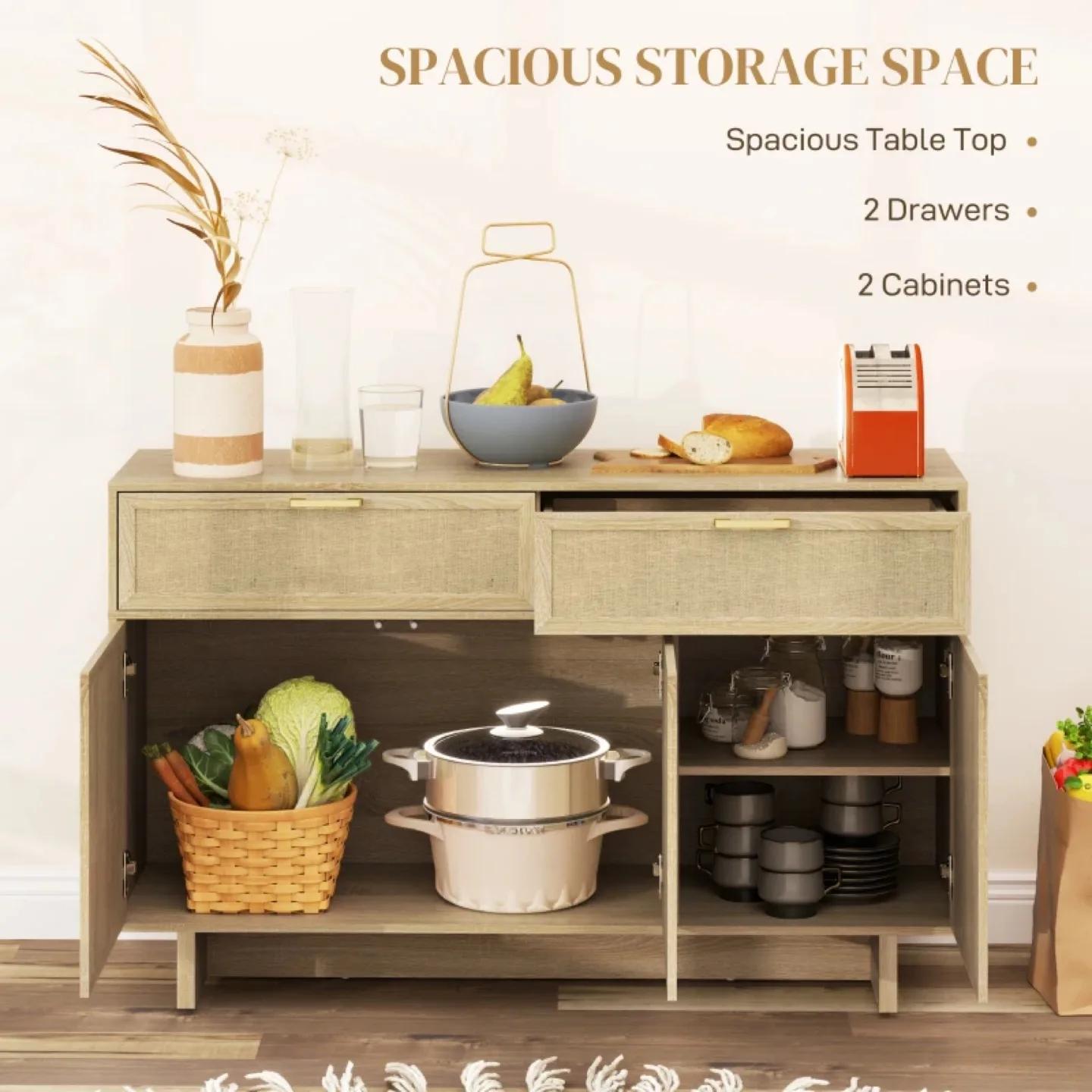 Beige Wooden Sideboard with Rattan Doors vs #2001 thumbnail