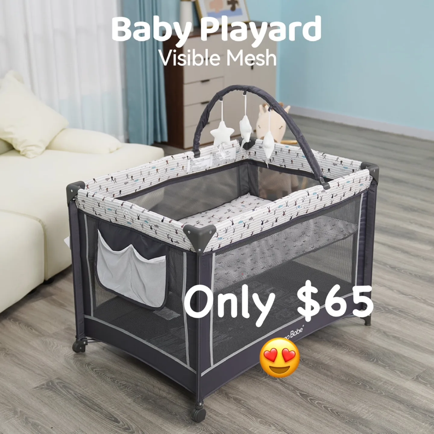 Portable Playard with Padded Mat, Toy Bar& Soft Toys(Grey) thumbnail