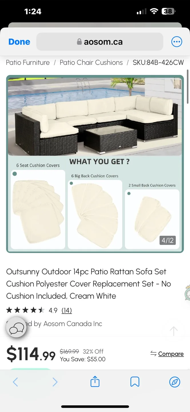 14pc Patio Rattan Sofa Set Cushion cover Polyester#1975 thumbnail