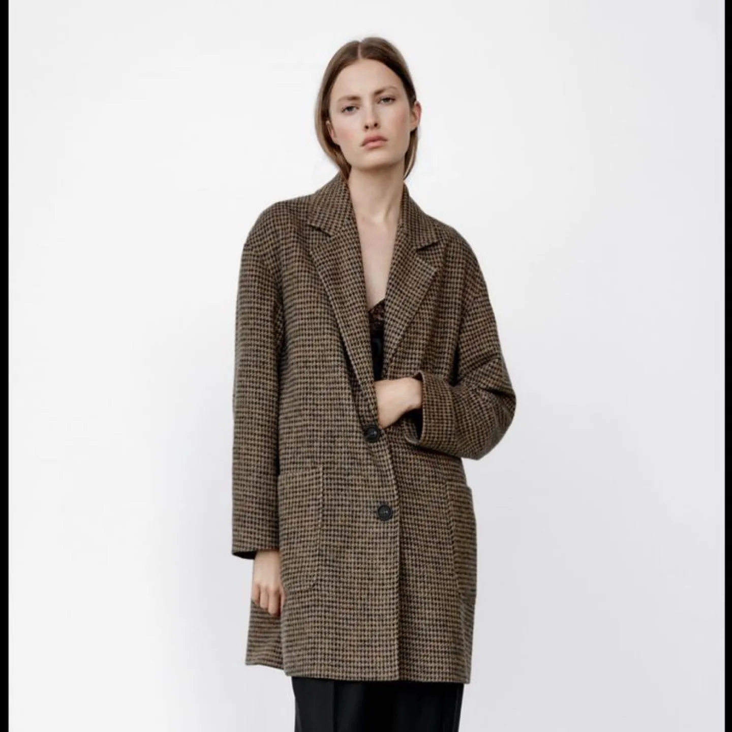 Zara Brown Houndstooth Oversized Cotton Blazer Sz M thumbnail