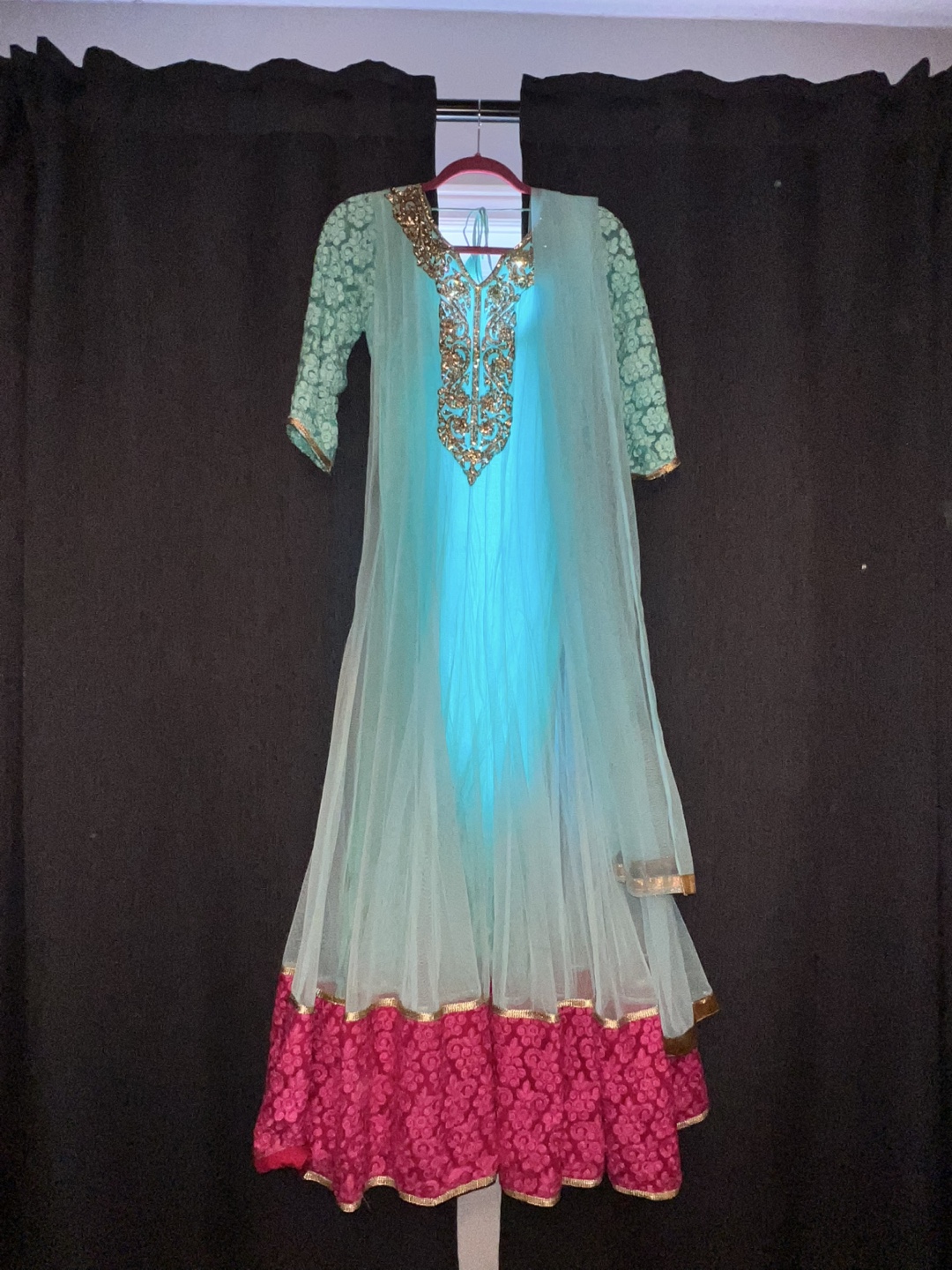 Indian Anarkali Dress set - Mint Green & Pink