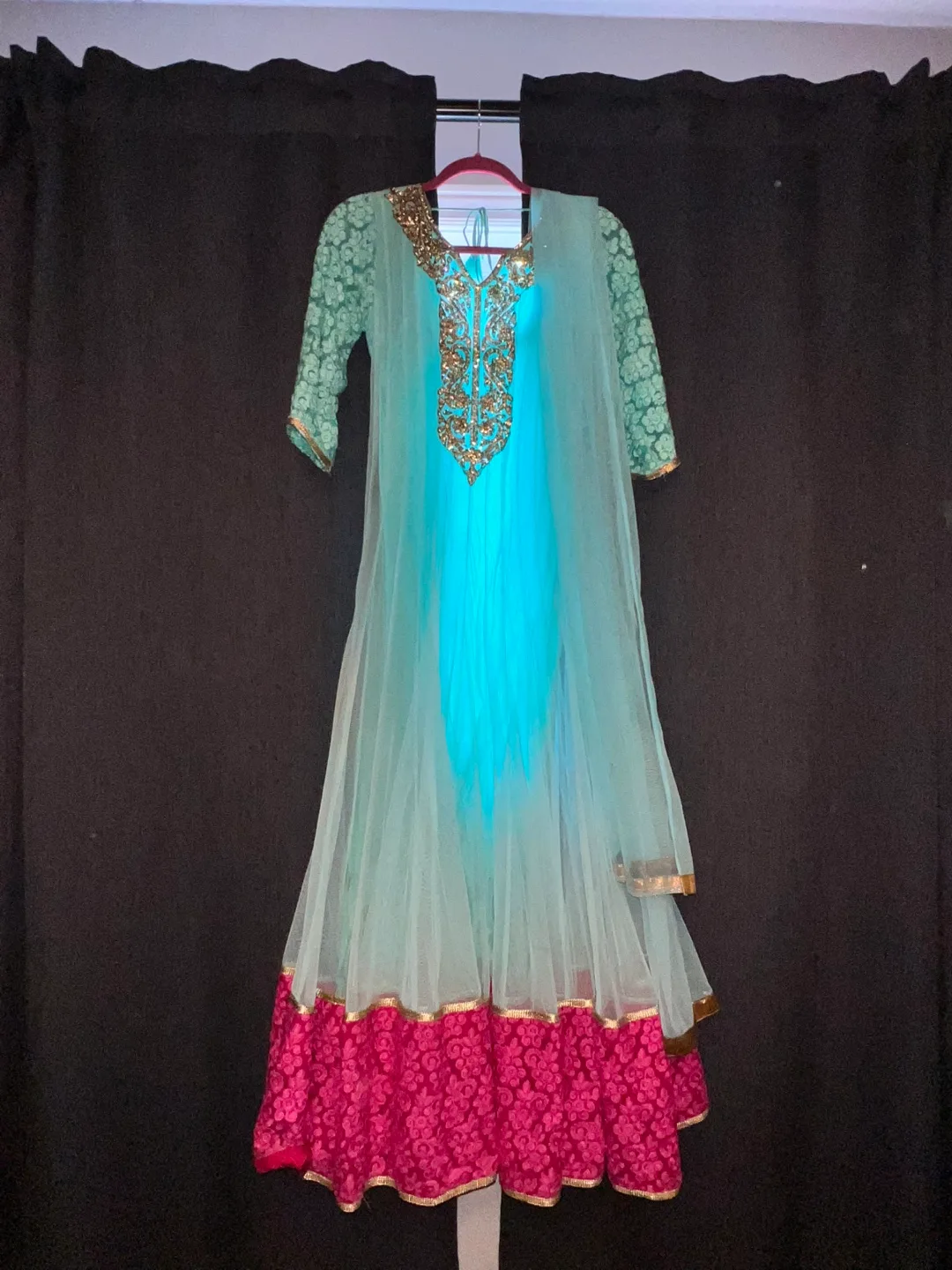 Indian Anarkali Dress set - Mint Green & Pink thumbnail