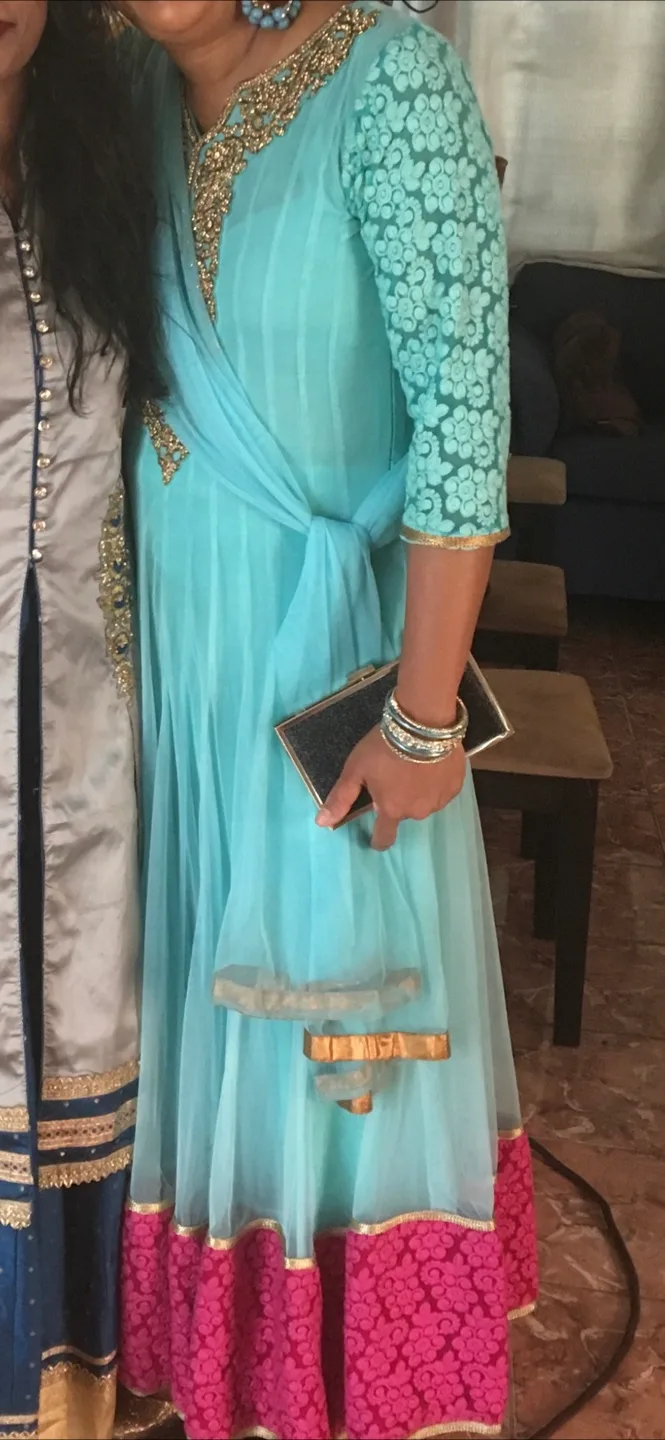 Indian Anarkali Dress set - Mint Green & Pink image indicator(2)