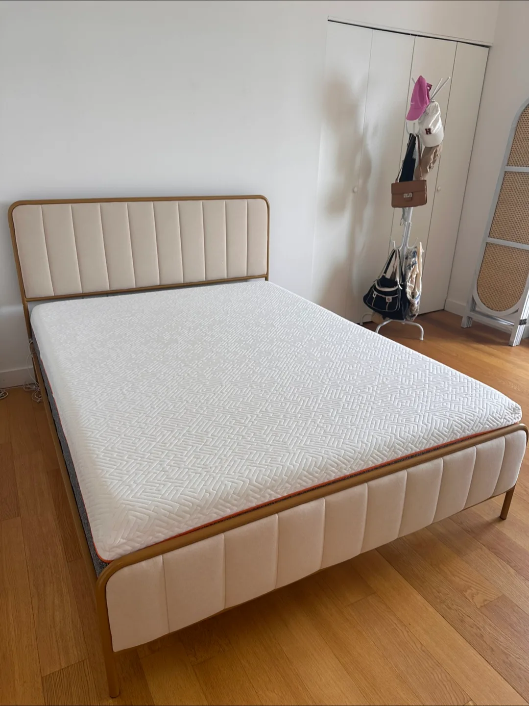 Queen bed frame with upholstered headboard - Beige (free bed!) thumbnail