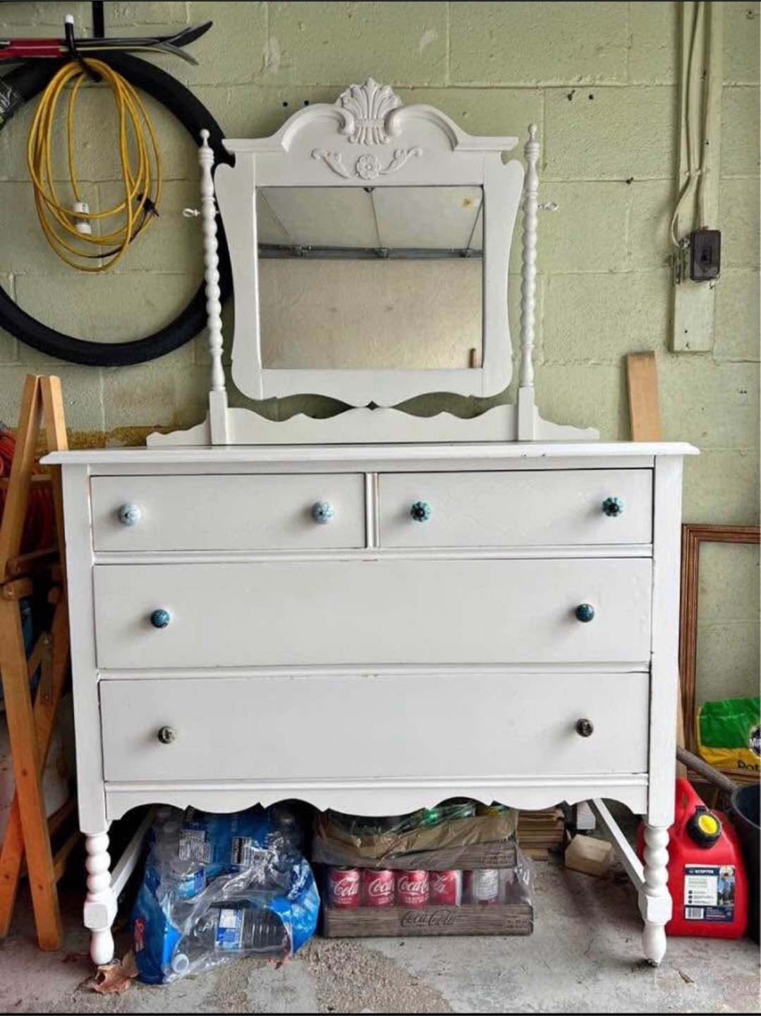 White Vanity Dresser with Mirror: Rustic Charm, 4 Drawers