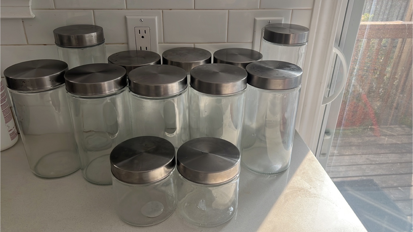 13 Glass Storage Jars with Stainless Steel Lids