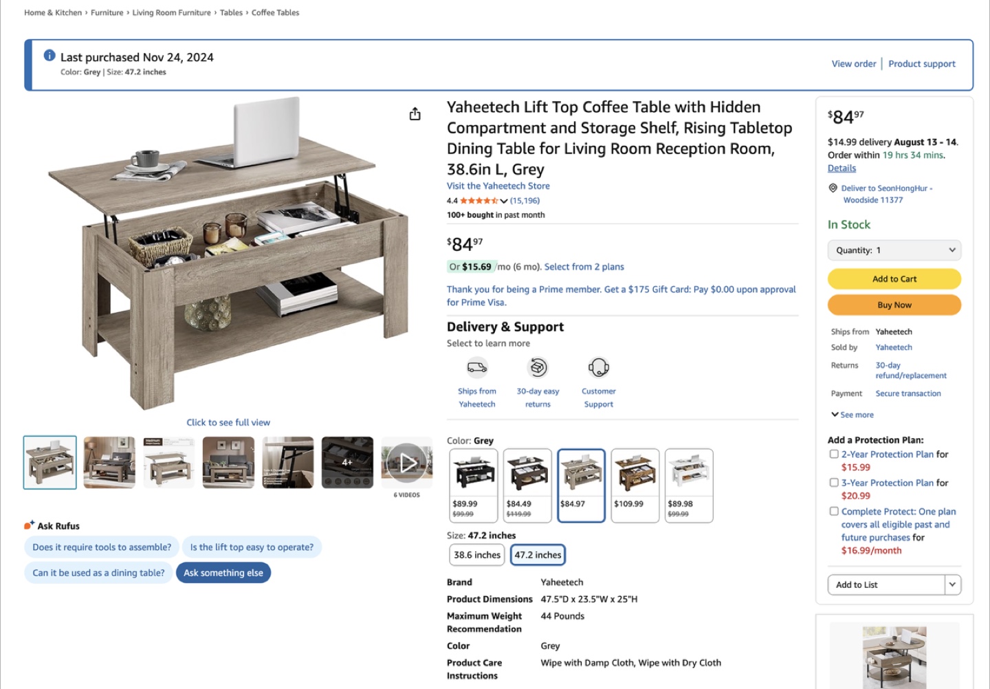 Yaheetech Lift Top Coffee Table - Grey, 47.2 inches