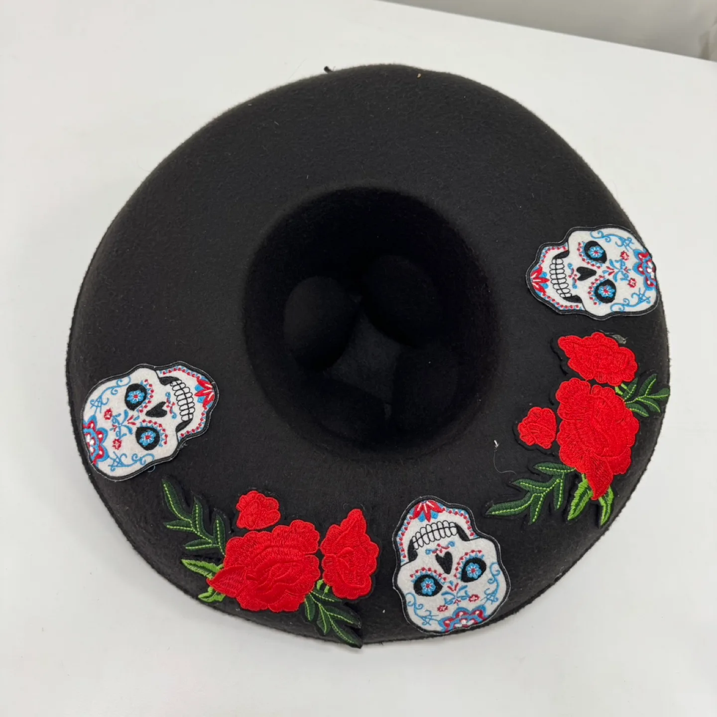 Decorative Mini Sombrero Hat – Black with Sugar Skulls & Roses thumbnail