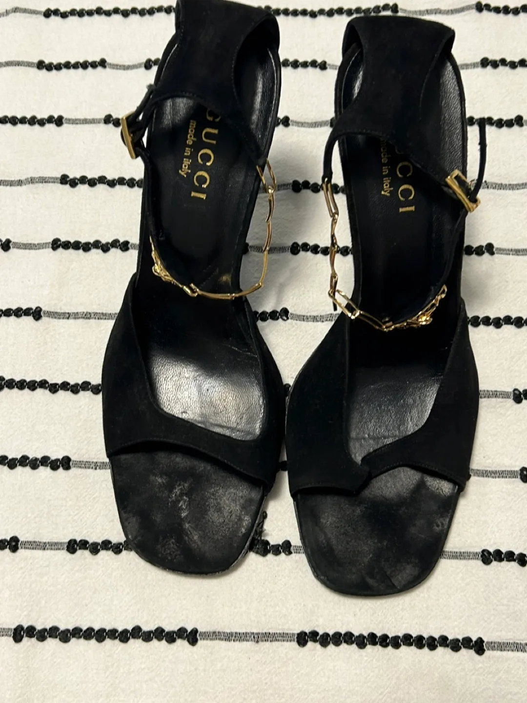 Gucci Black Suede Heels with Chain Detail thumbnail