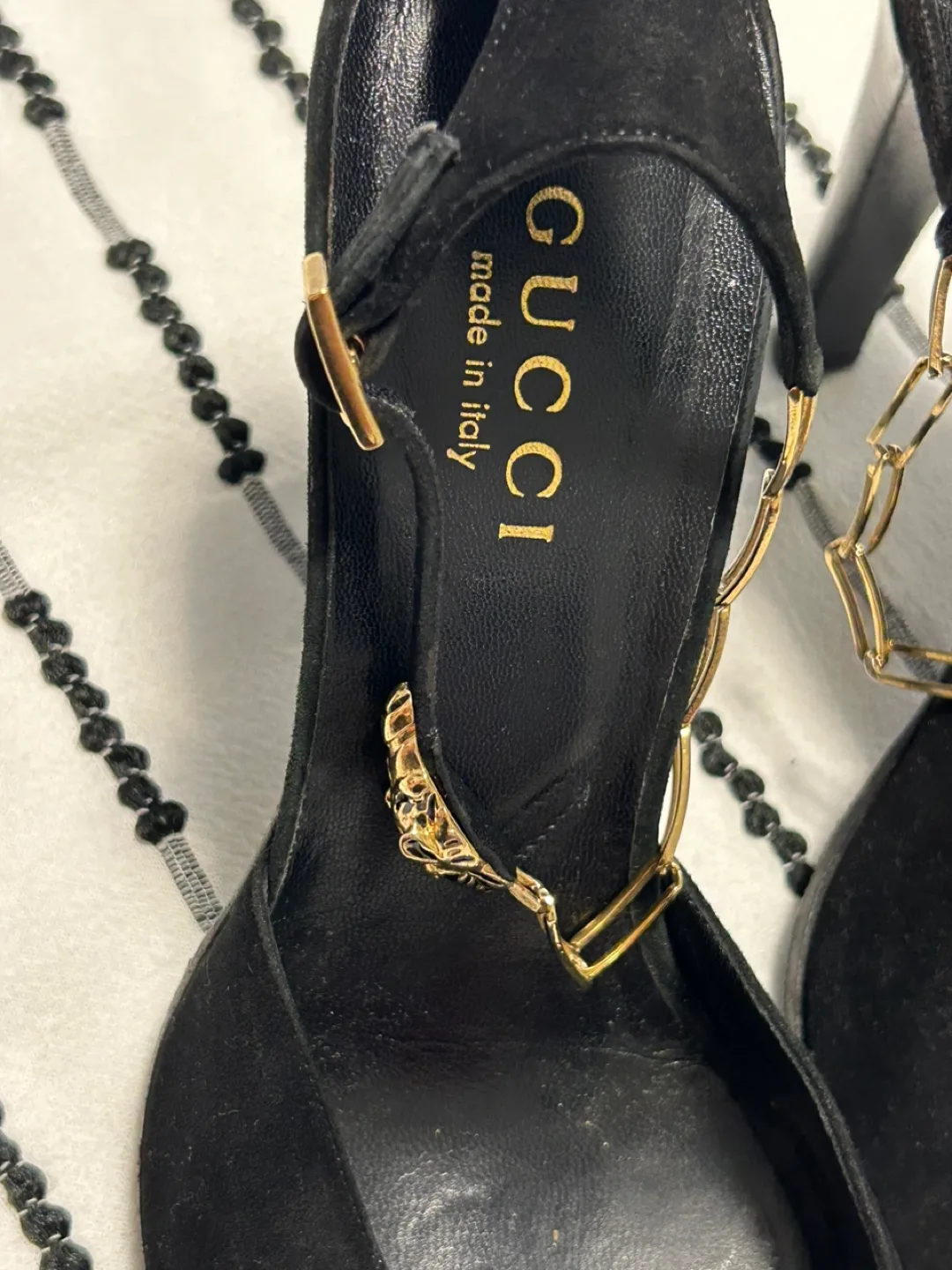 Gucci Black Suede Heels with Chain Detail image indicator(3)