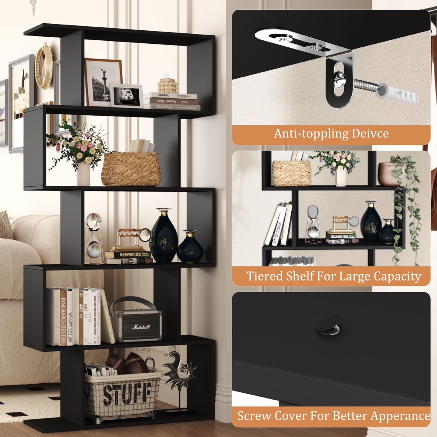 Yusong Bookshelf, Geometric Bookcase S Shaped Book Shelves Unit - photo 4