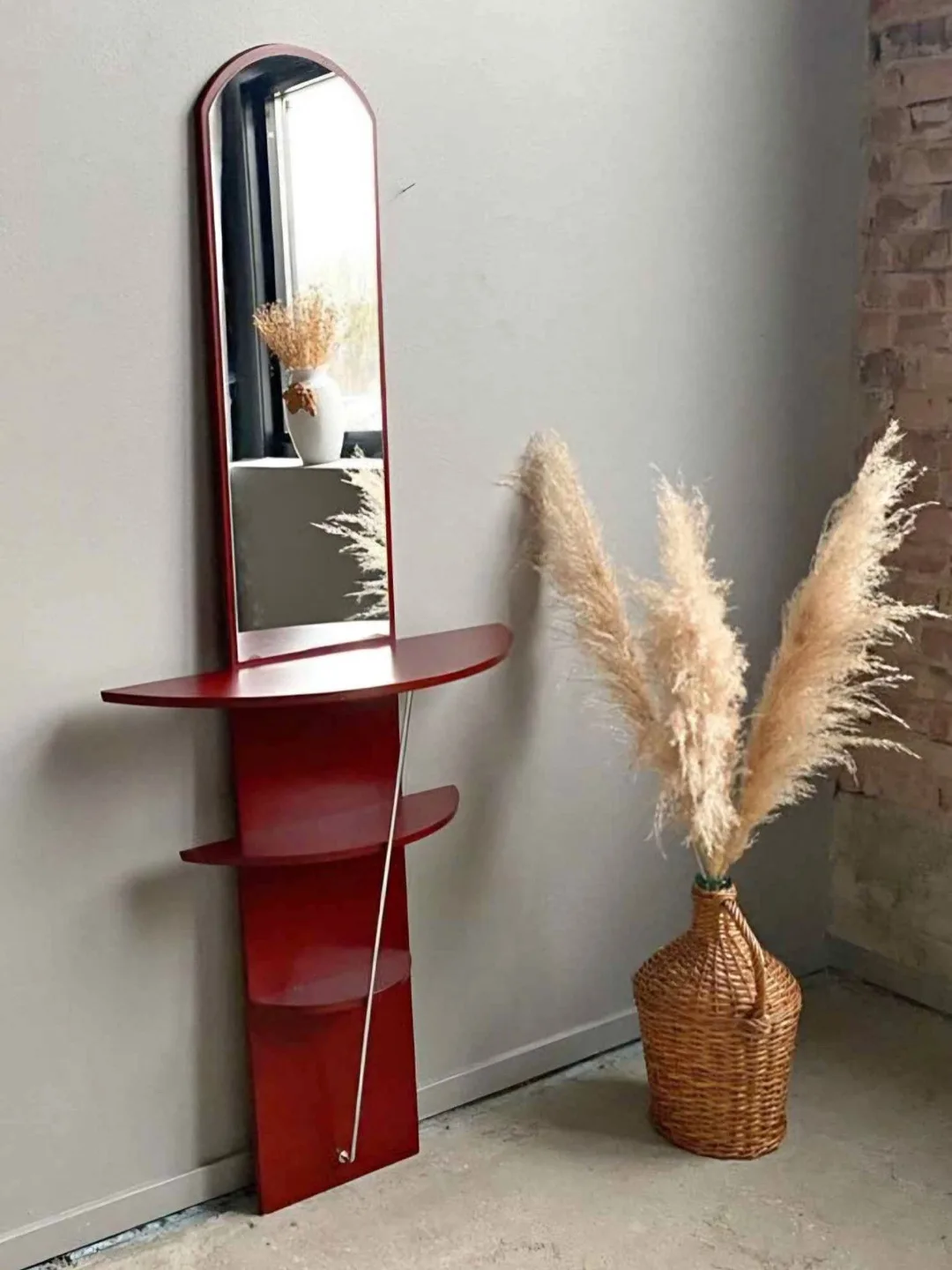 Red Hallway Mirror with Shelves thumbnail
