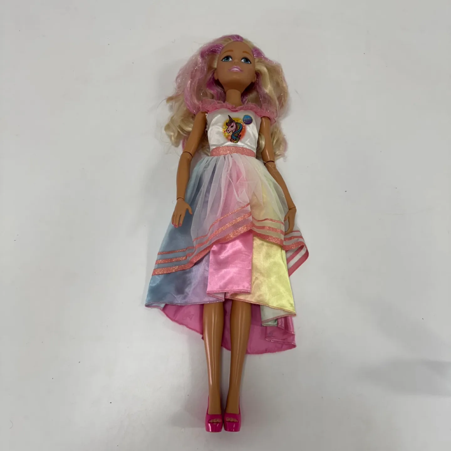 30 cm Fashion Doll with Rainbow Dress & Pink Heels – Used thumbnail