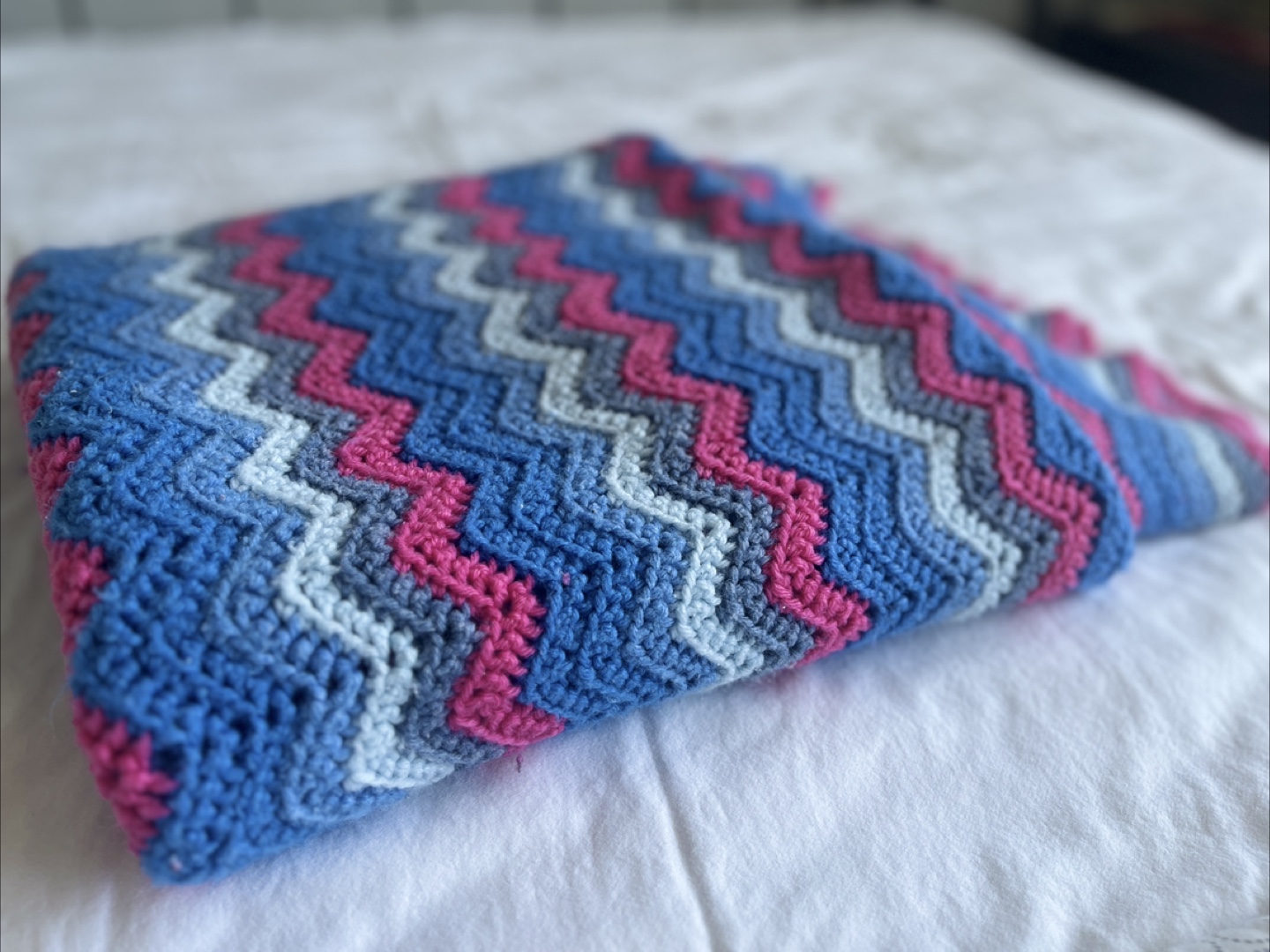Handmade Crochet Blanket - Blue, Pink & White
