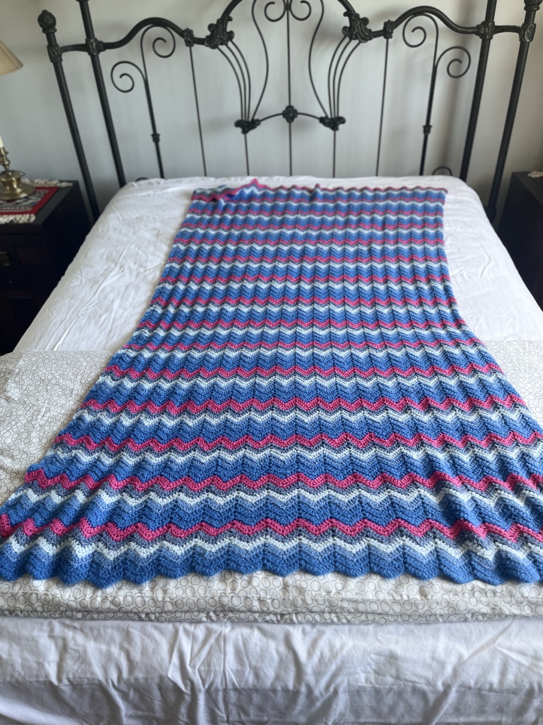 Handmade Crochet Blanket - Blue, Pink & White - photo 3