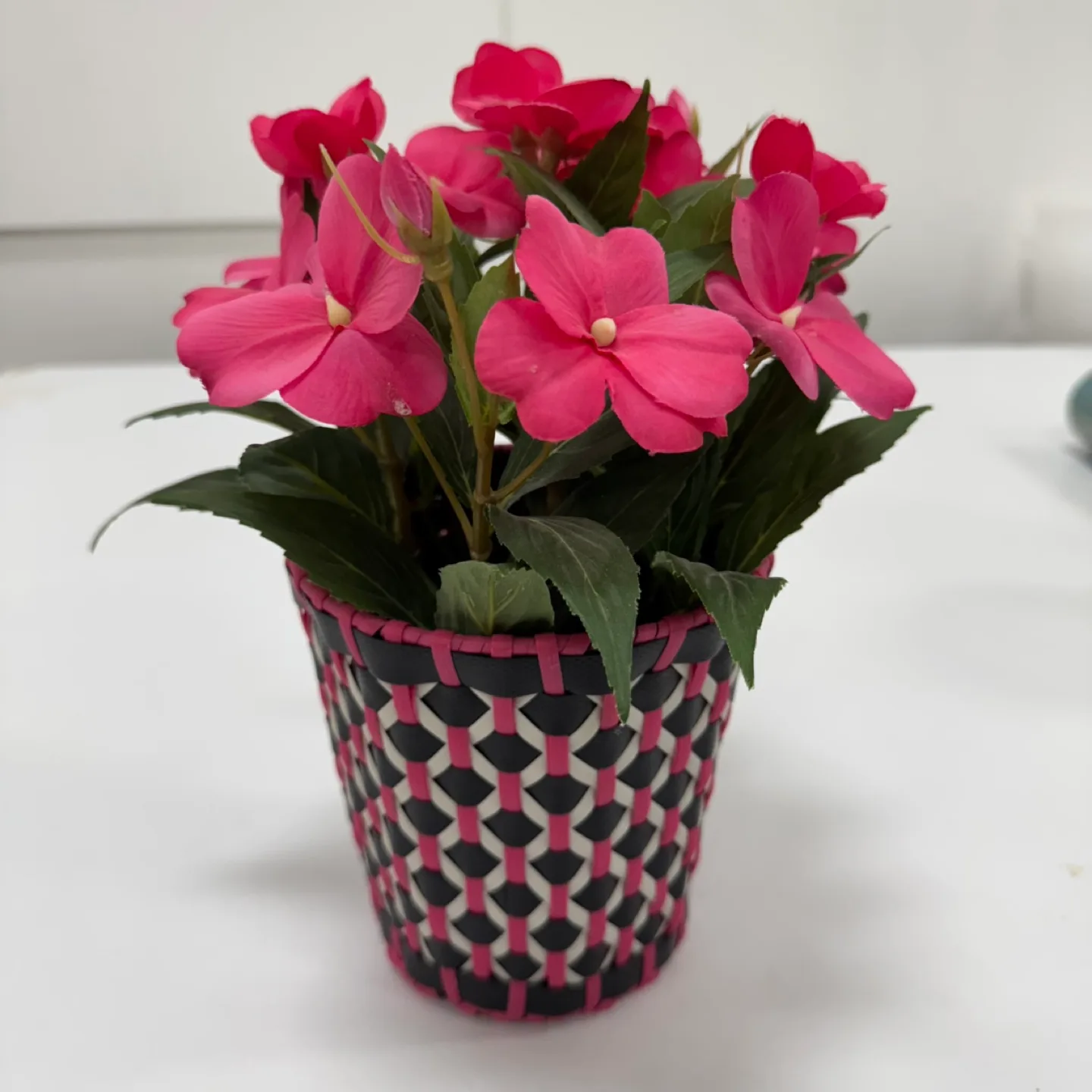 Artificial Pink Flower Arrangement in Woven Pot – 8” Tall thumbnail