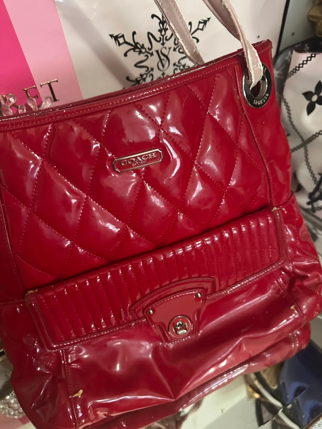 Coach Red Patent Leather Quilted Tote thumbnail
