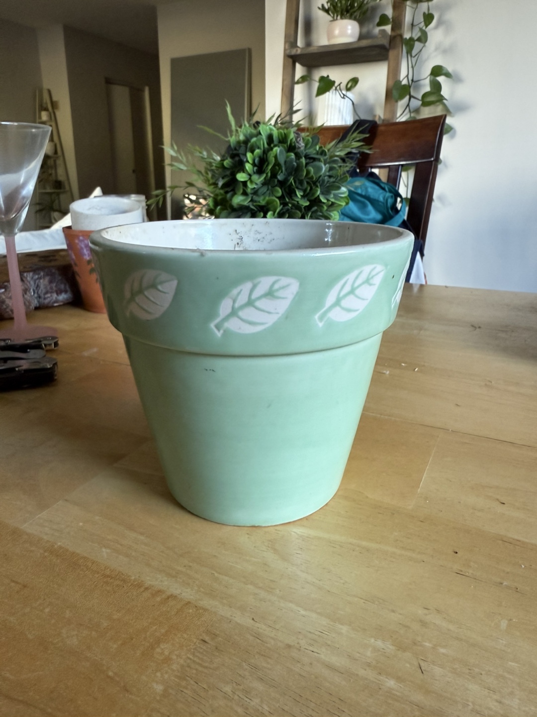 Mint Green Plant Pot with Leaf Design