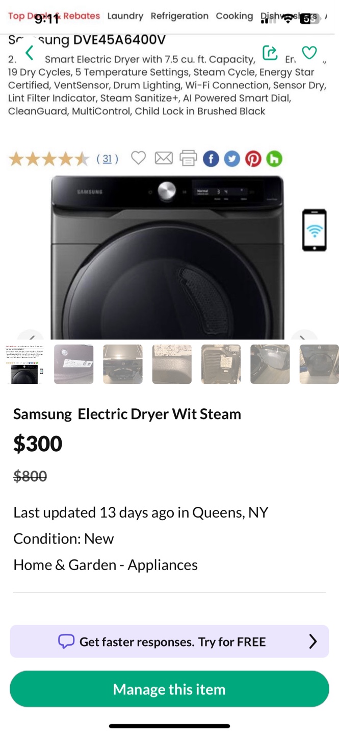 New Samsung DVE45A6400V Electric Dryer w/ Steam