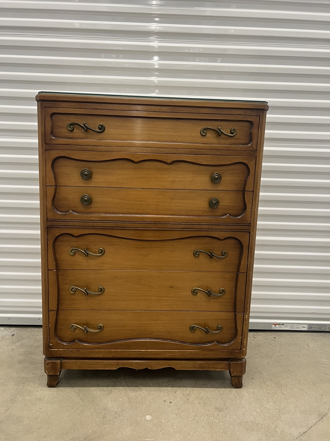 Vintage 5-Drawer Wood Dresser with Glass Top