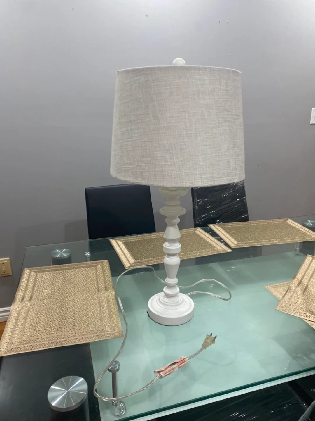 White Table Lamp with Linen Shade thumbnail