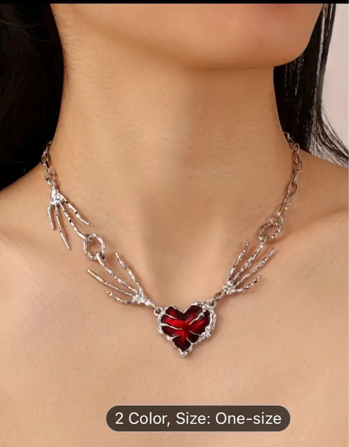 Heart & Skeleton Hands Necklace - One Size thumbnail