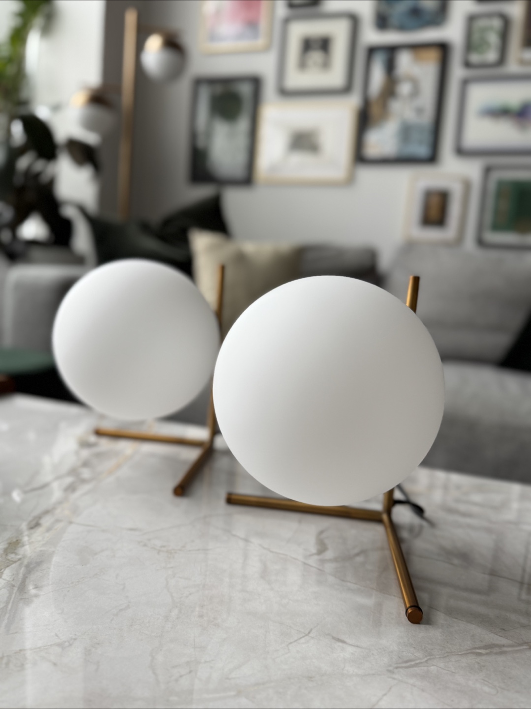 Two Modern Sphere Table Lamps - White & Gold Accent