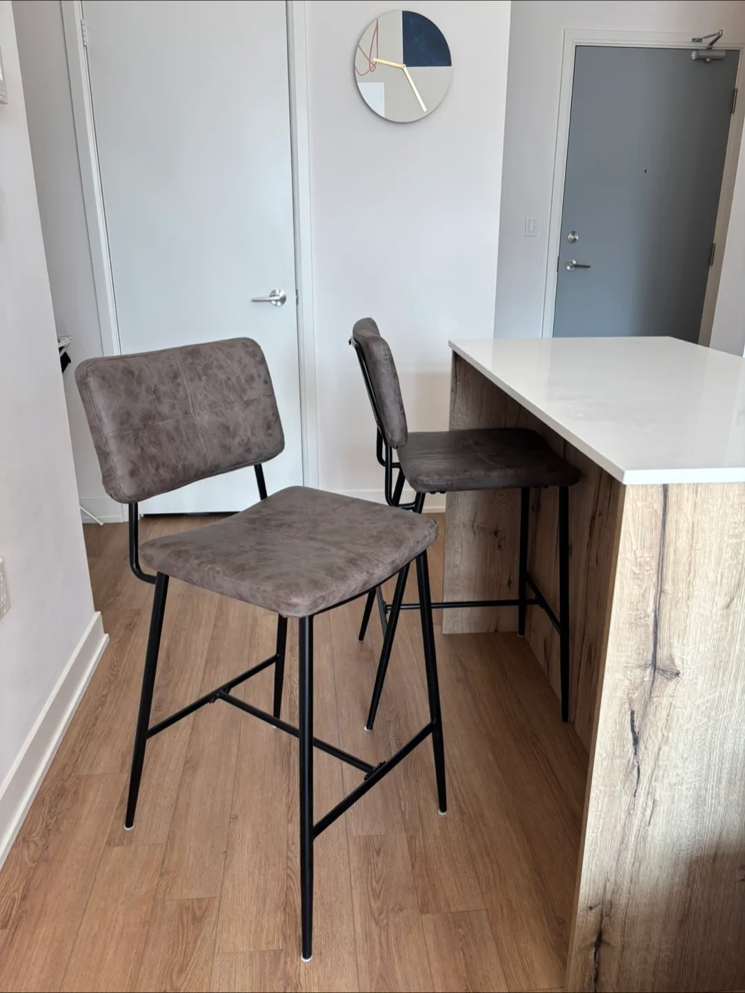 Set of 2 Grey/Brown leather Bar Stools - 27” seat height thumbnail