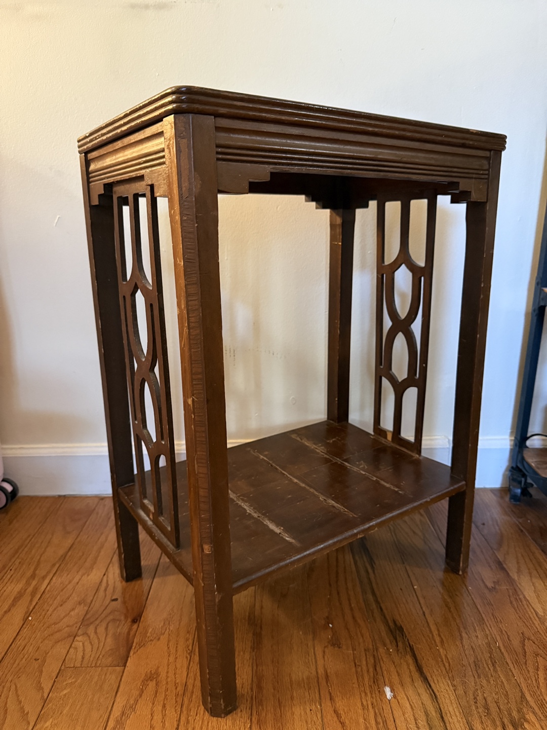 Antique Art Deco Wooden Side Table with Glass Top