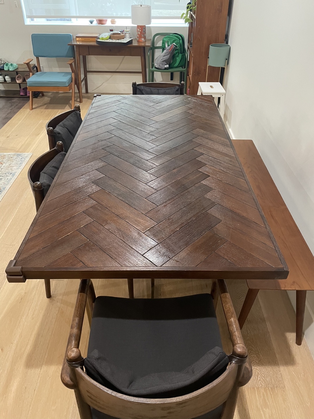 Dining table with 4 chairs and bench (seats 6)