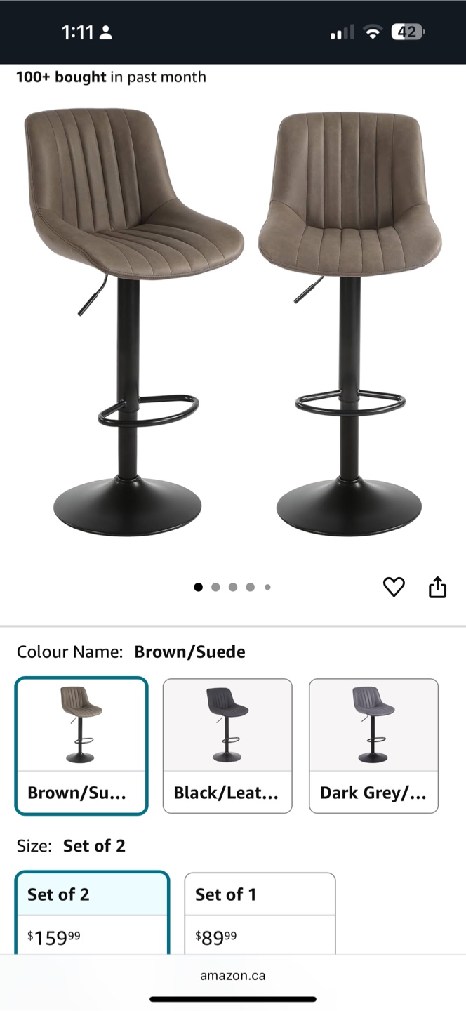 Set of 2 Swivel Bar Stools - Dark Brown/Suede - photo 3
