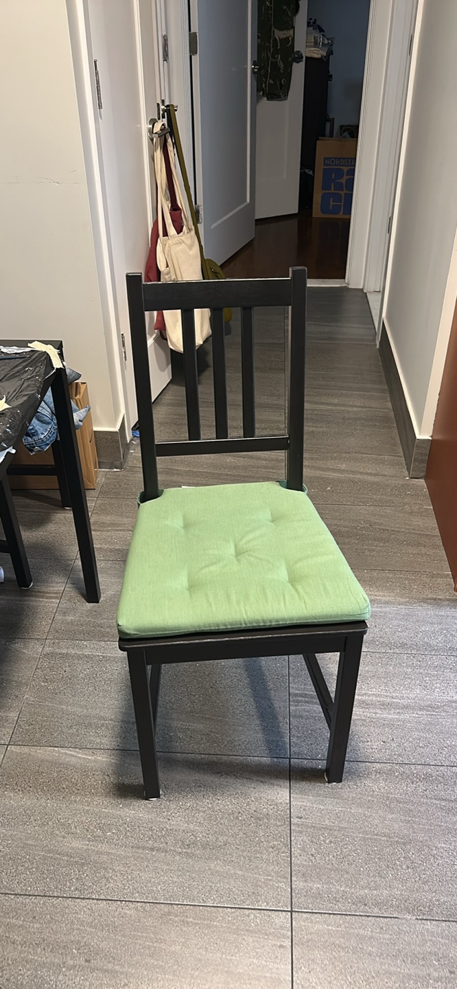 4 Black Wooden Chairs with Green Cushions
