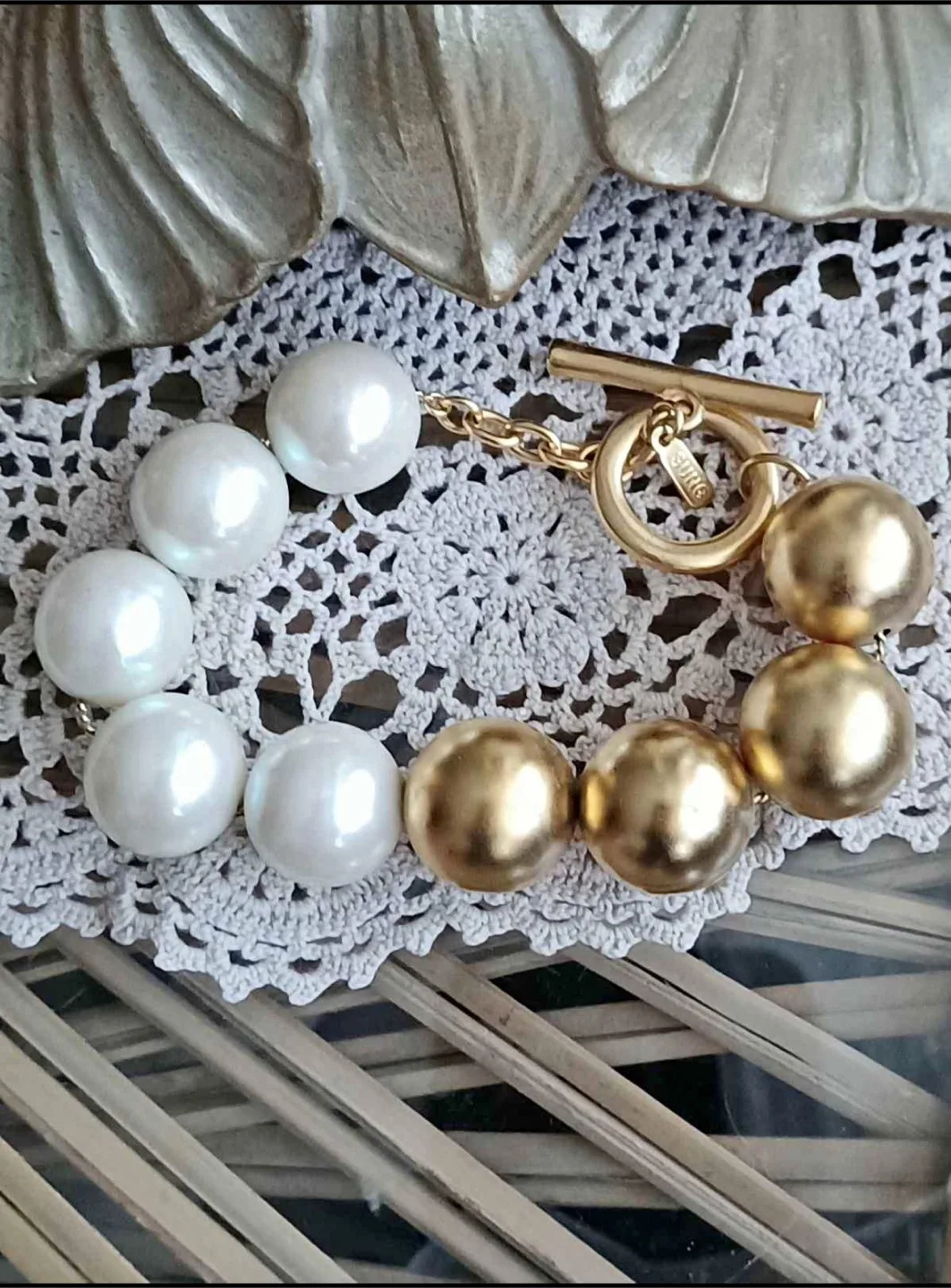 Vintage Alfred Sung Pearl & Gold Beaded Bracelet thumbnail