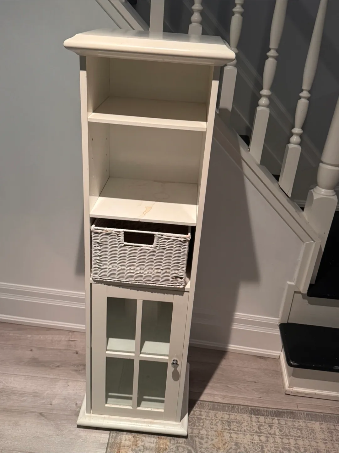 White Wooden Shelf with Wicker Basket