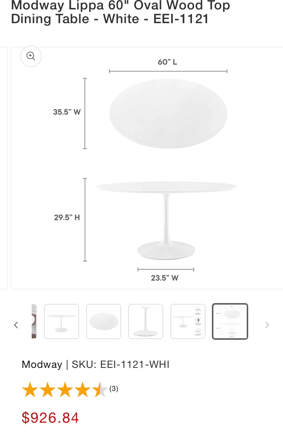 Modway Lippa 60" Oval Dining Table - White - photo 4