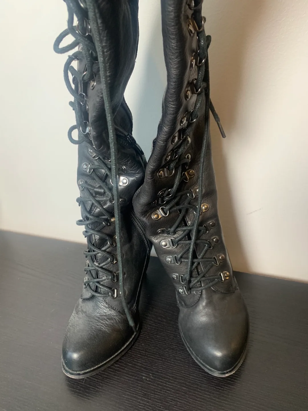 Aldo Black Leather Lace-Up Heeled Boots Size 38 image indicator(2)
