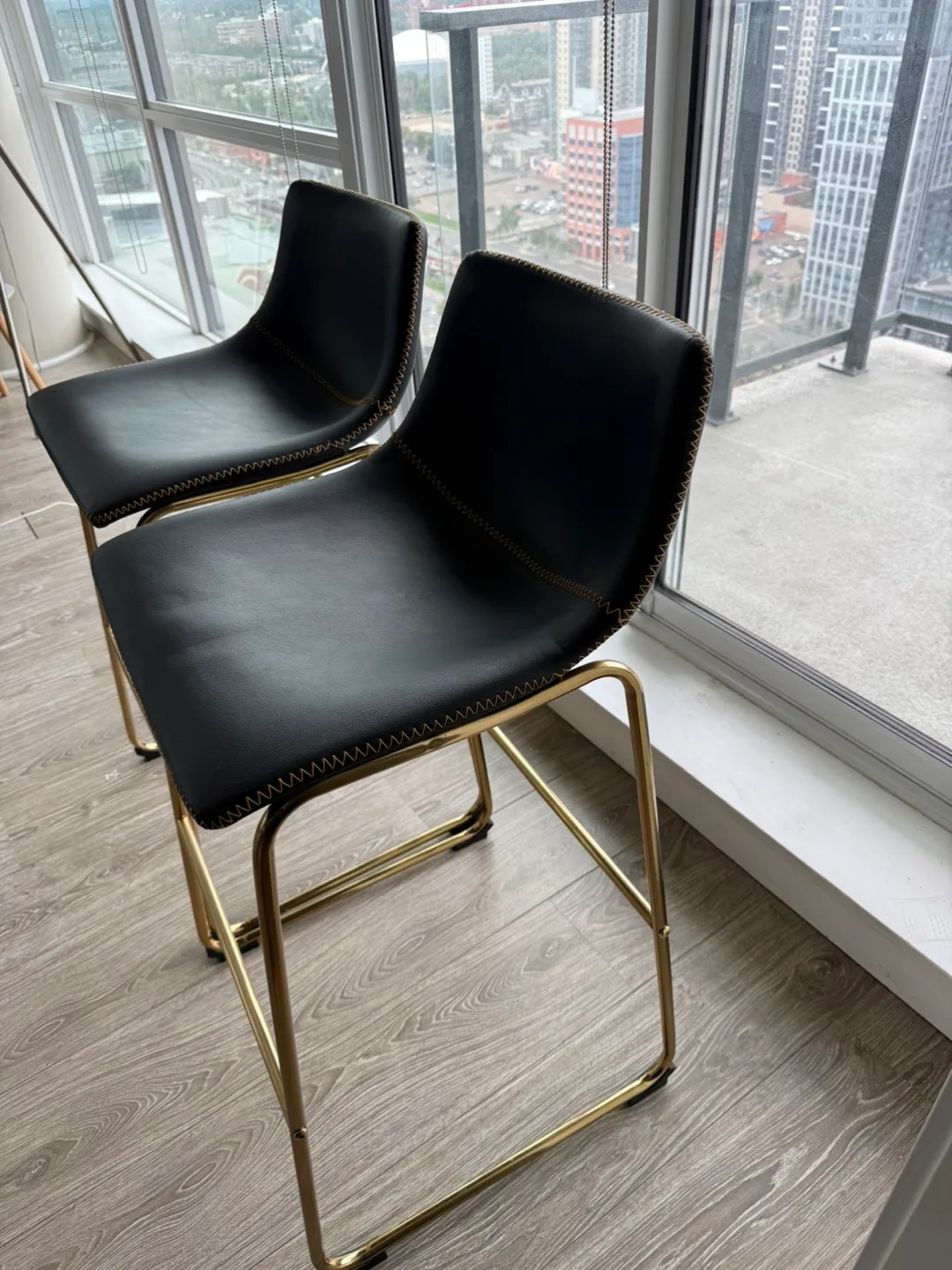 Bar Stools - Black Leather and Gold Frame