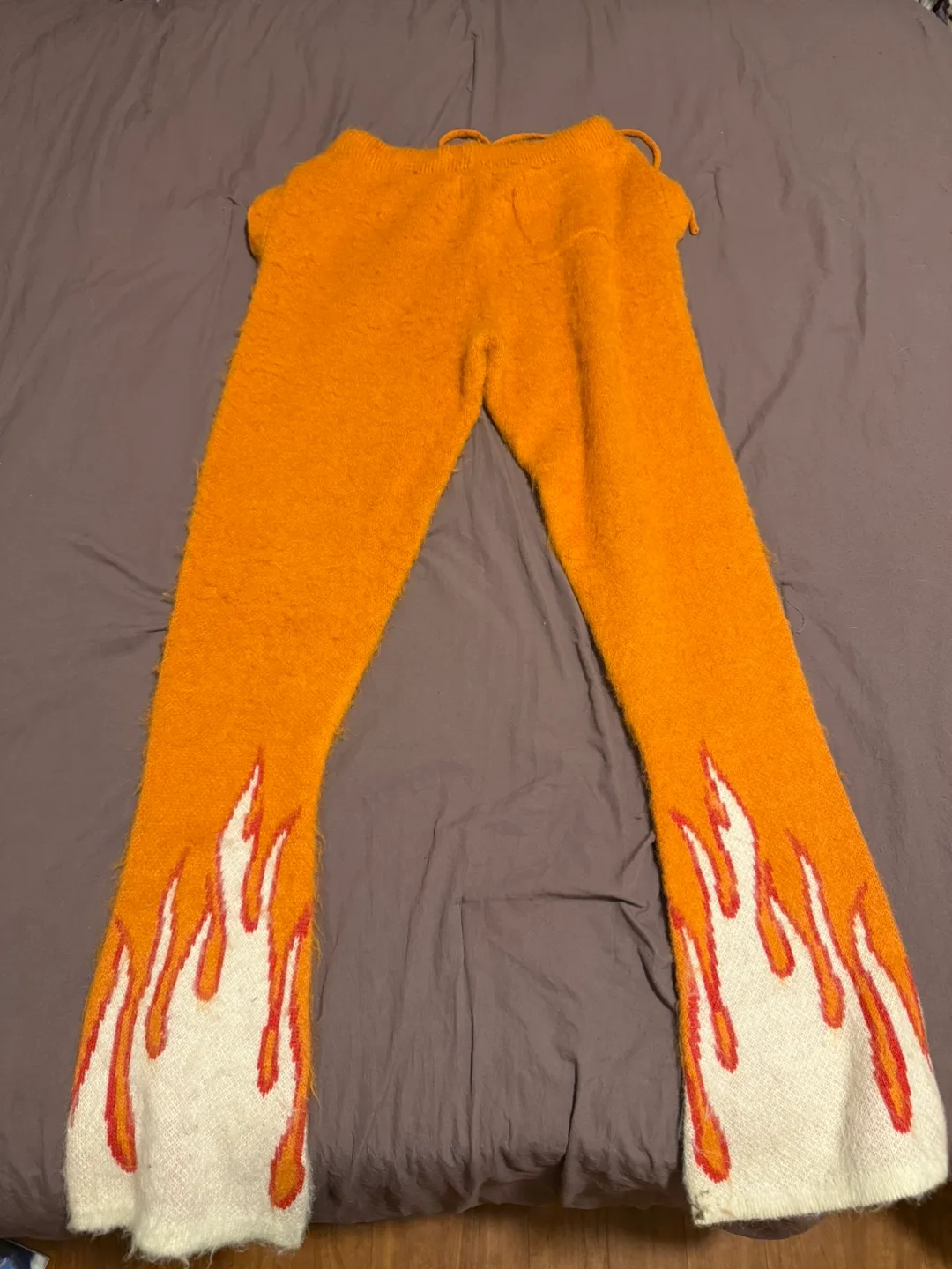 Orange Knit Flare Pants with Flame Design thumbnail