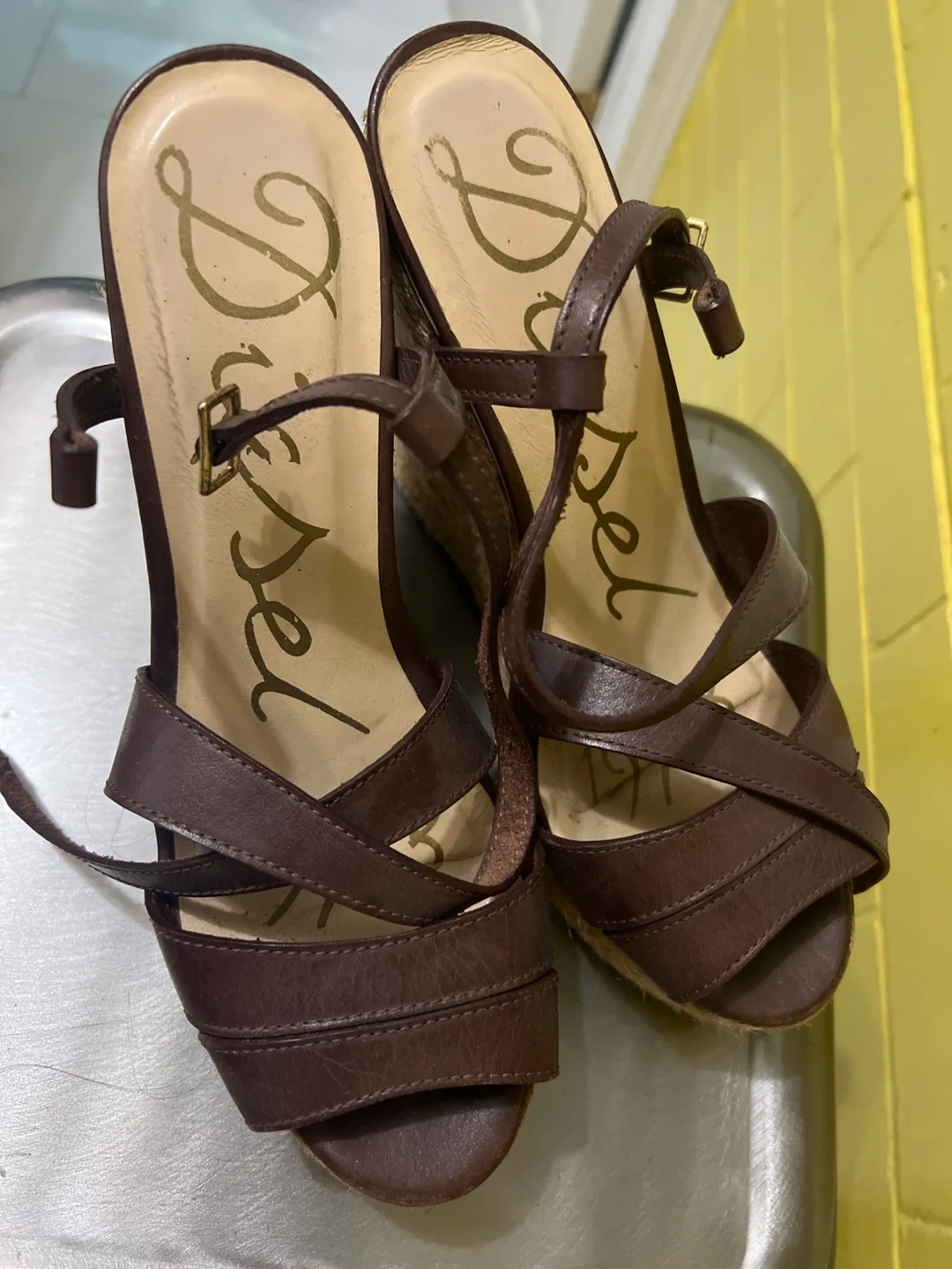 Diesel Brown Leather Wedge Sandals 8 image indicator(2)