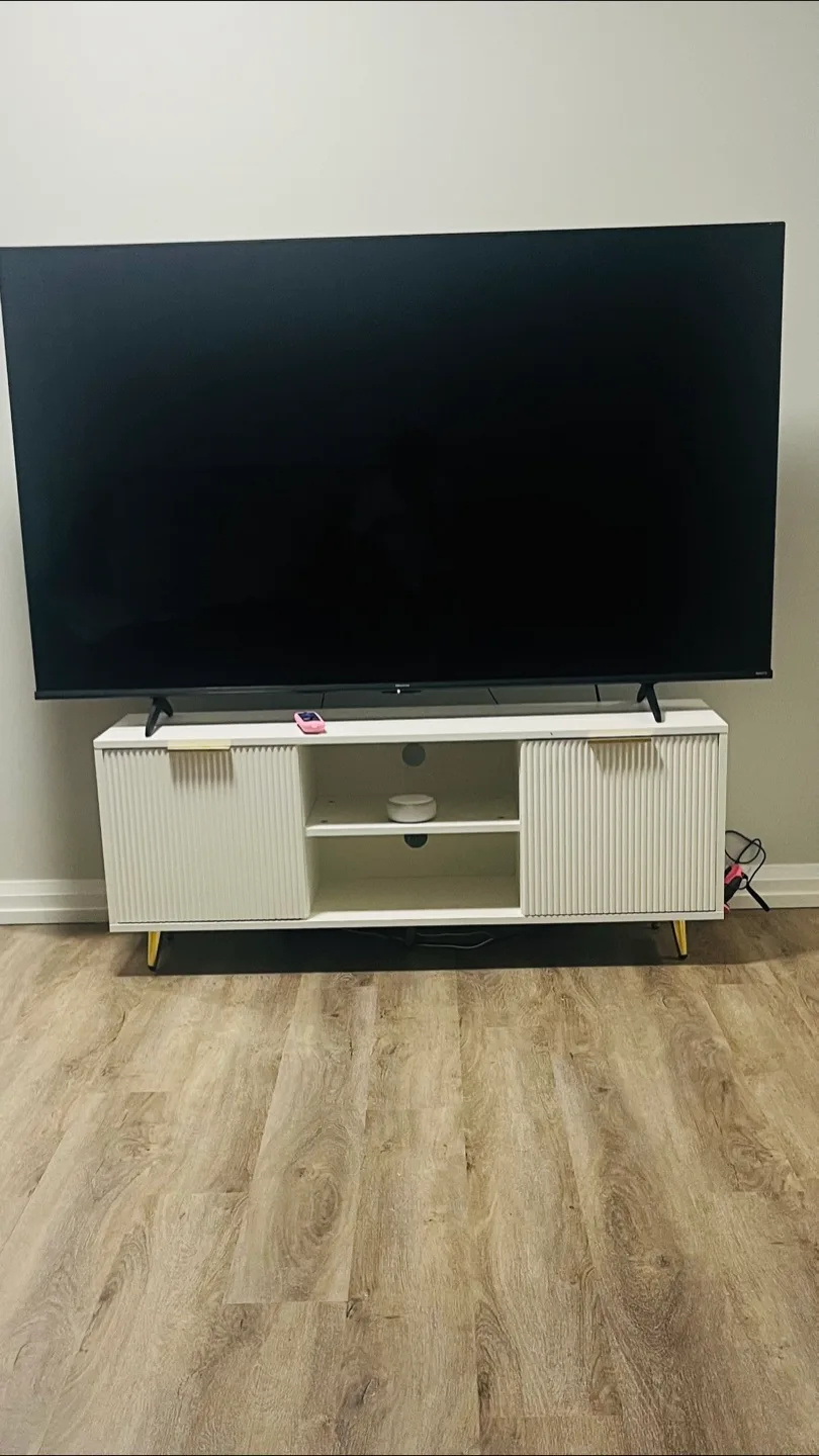 White TV Stand with Doors & Gold Legs thumbnail